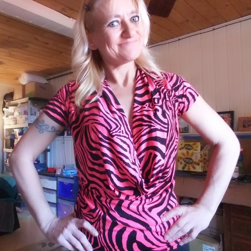 Hot pink/black low cowl neck blouse